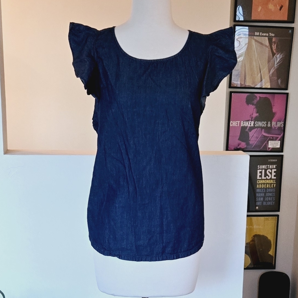 J. Crew Mercantile Size 14 Scoop Neck Ruffle Sleeve Dark Denim Top